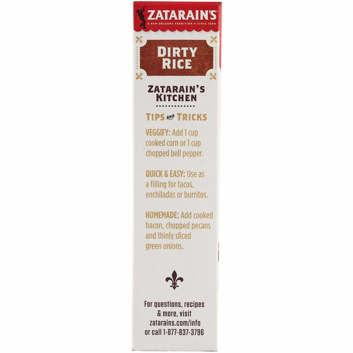 The side panel of a box of Zatarains New Orleans Dirty Rice Mix Long Grain 8 Oz features tips and tricks for customizing the meal with vegetables, meat, or as a taco filling.