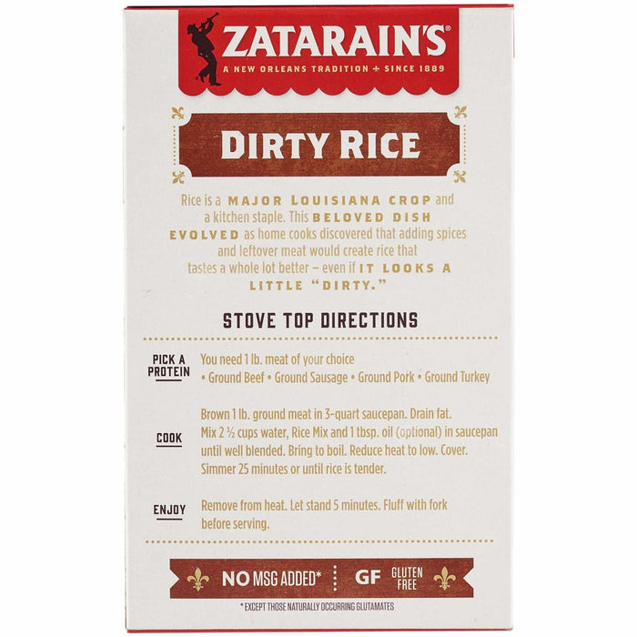 The back of a box of Zatarains New Orleans Dirty Rice Mix Long Grain 8 Oz provides stove top cooking directions and serving suggestions for this traditional Louisiana dish.