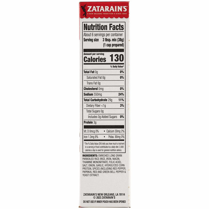 The side panel of a box of Zatarains New Orleans Dirty Rice Mix Long Grain 8 Oz displays the nutrition facts and a list of ingredients including enriched long grain parboiled rice and various spices.