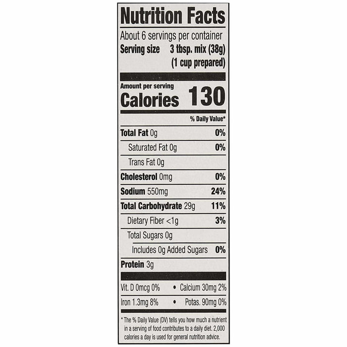 A nutrition facts label for Zatarains New Orleans Dirty Rice Mix Long Grain 8 Oz showing 130 calories and 550 milligrams of sodium per serving.
