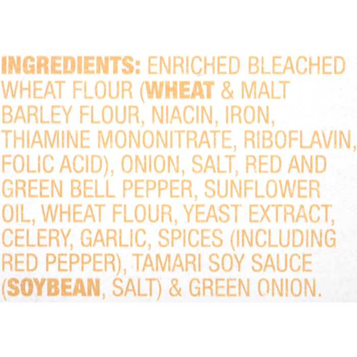 A list of ingredients for a product including wheat flour barley flour onion salt red and green bell pepper sunflower oil yeast extract celery garlic spices tamari soy sauce and green onion.