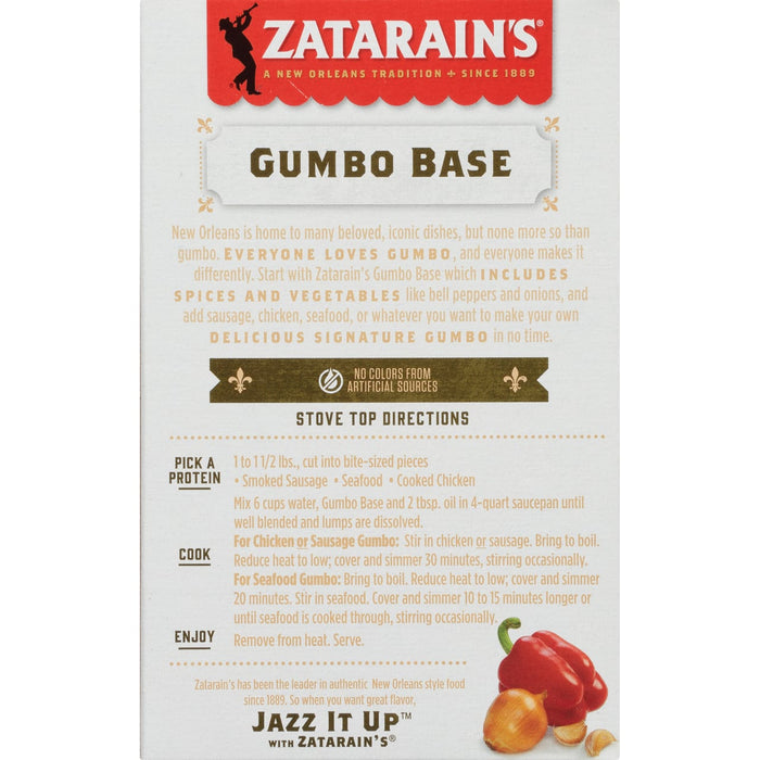 Zatarains Gumbo Base box with instructions on how to make a delicious gumbo.