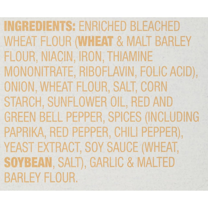 A list of ingredients for a product including wheat flour barley flour niacin iron thiamine onion salt corn starch sunflower oil red and green bell pepper spices paprika red pepper chili pepper yeast extract soy sauce soybean salt garlic and malted barley flour.