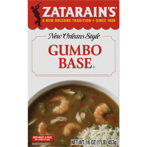 A box of Zatarain's New Orleans Style Gumbo Base with a picture of a bowl of gumbo.