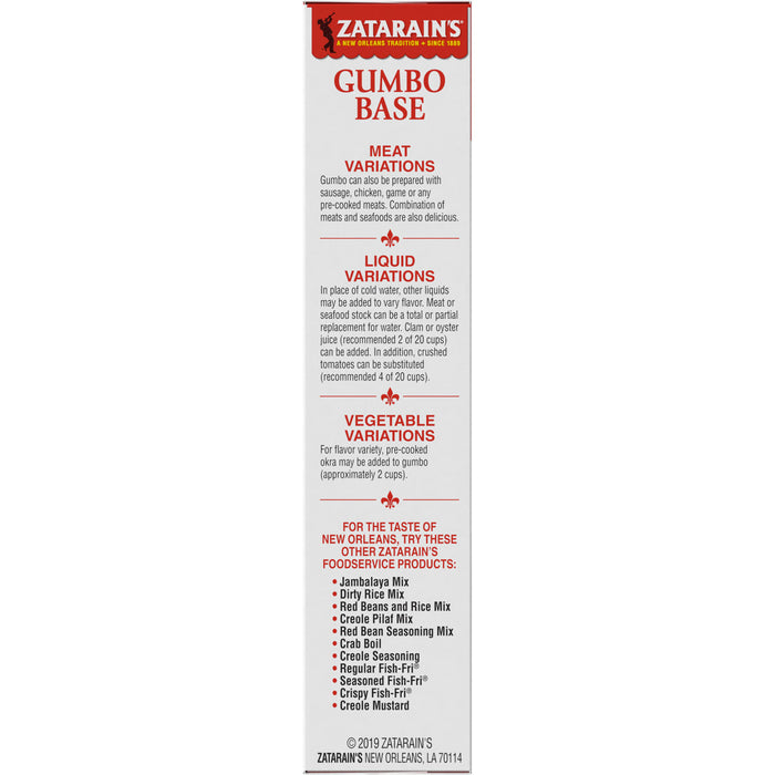 Zatarain's Gumbo Base box with instructions on how to prepare the dish.