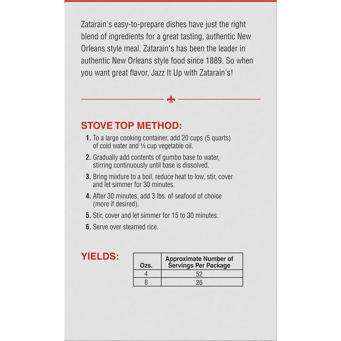 Zatarain's Stove Top Method for making gumbo with serving size information.