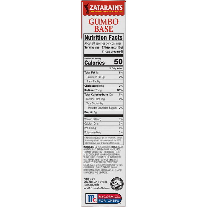 Zatarain's Gumbo Base nutrition facts label with ingredients and contact information.