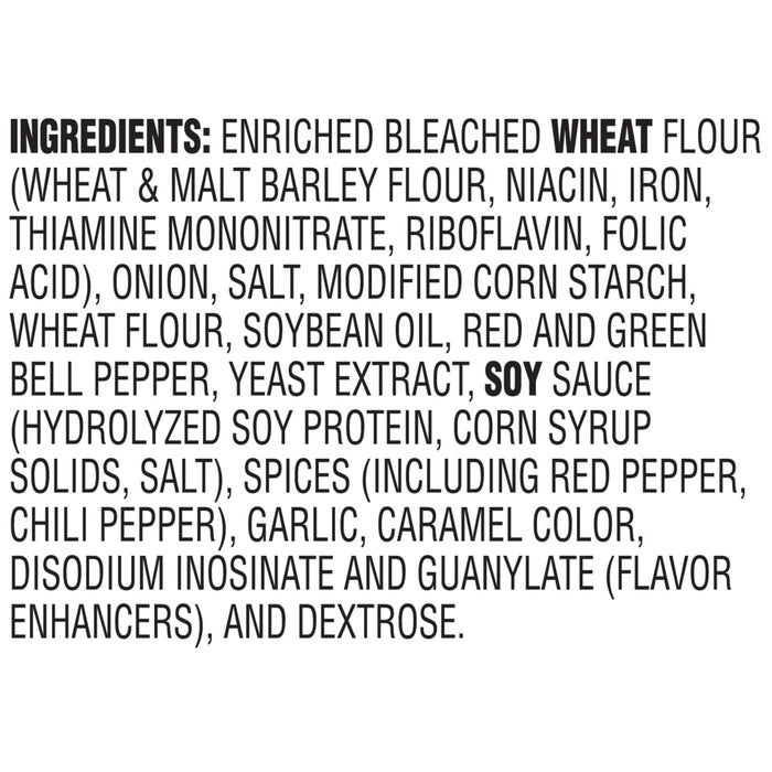 A list of ingredients for a product, including wheat flour, soy sauce, and spices.