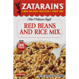 A box of Zatarain's New Orleans Style Red Beans and Rice Mix with a serving suggestion on the front.