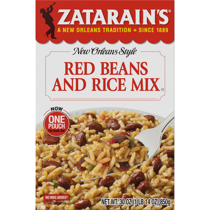 A box of Zatarain's New Orleans Style Red Beans and Rice Mix with a serving suggestion on the front.