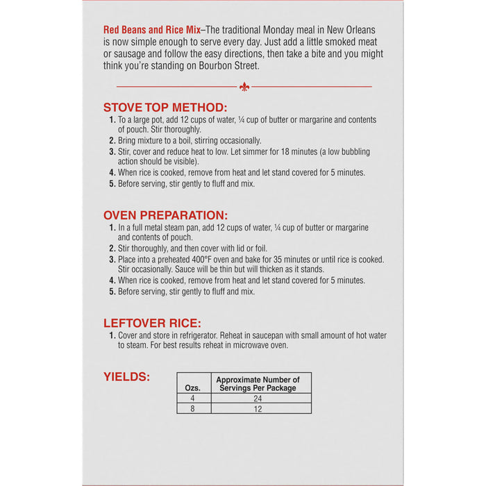 A table showing the instructions for preparing Red Beans and Rice Mix, a traditional Monday meal in New Orleans.