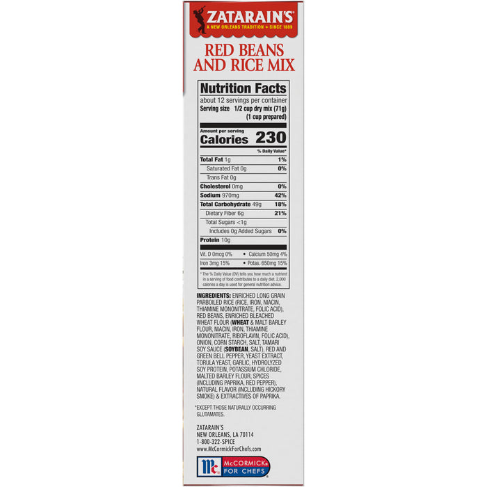 Zatarain's Red Beans and Rice Mix nutrition facts and ingredients label.