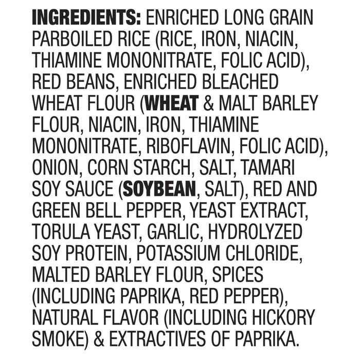 A list of ingredients for a product, including enriched long grain parboiled rice, red beans, wheat flour, and soy sauce.