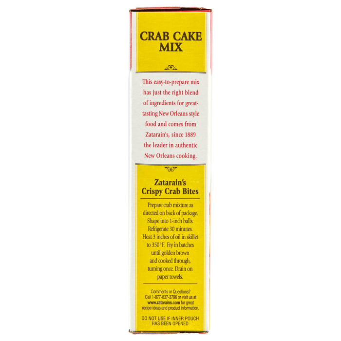 A box of Zatarain's Crab Cake Mix with instructions on how to prepare the crab bites.