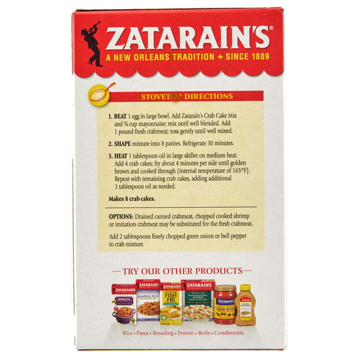 A box of Zatarain's Crab Cake Mix with instructions and a picture of other Zatarain's products.