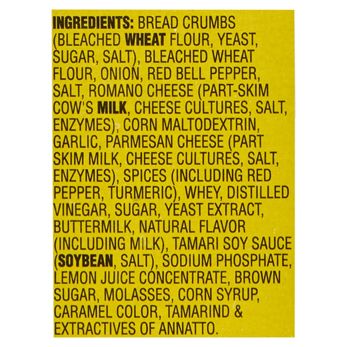 A list of ingredients for a product, including wheat flour, yeast, sugar, salt, onion, red bell pepper, romano cheese, parmesan cheese, spices, whey, vinegar, buttermilk, tamari soy sauce, lemon juice concentrate, brown sugar, molasses, corn syrup, caramel color, tamarind and extractives of annatto.
