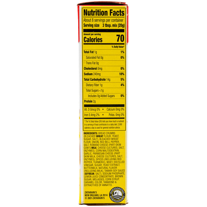 A product label for Zatarains Regular Crab Cake Coating Mix 5.75 Oz showing its nutrition facts and ingredients list.
