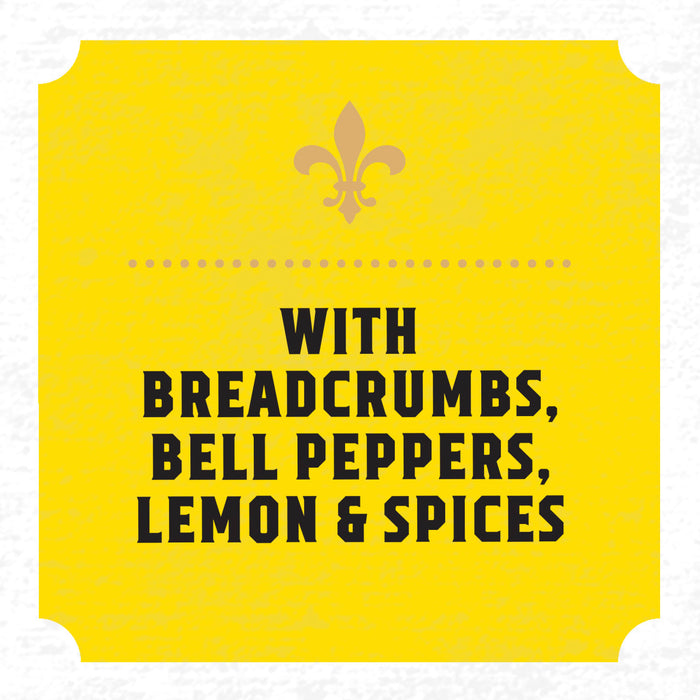 A yellow label with a fleur-de-lis and the text With Breadcrumbs, Bell Peppers, Lemon &amp; Spices.