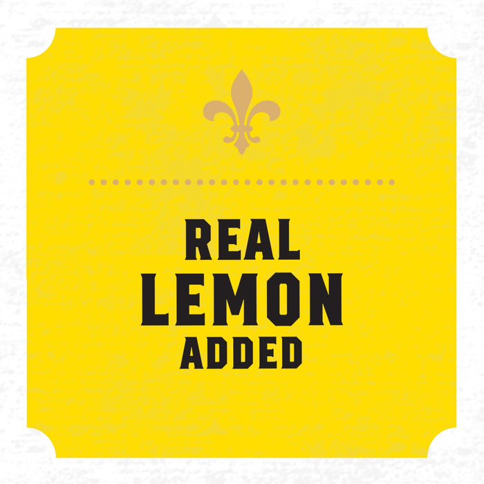 A yellow label with a fleur-de-lis at the top states Real Lemon Added.
