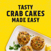An appetizing plate of tasty crab cakes, showcasing the product's ease of preparation.