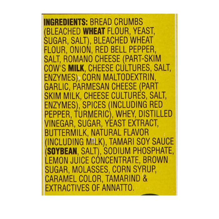 A list of ingredients for a product, including bread crumbs, bleached wheat flour, yeast, sugar, salt, onion, red bell pepper, romano cheese, parmesan cheese, spices, whey, distilled vinegar, buttermilk, natural flavor, tamari soy sauce, lemon juice concentrate, brown sugar, molasses, corn syrup, caramel color, tamarind and extractives of annatto.