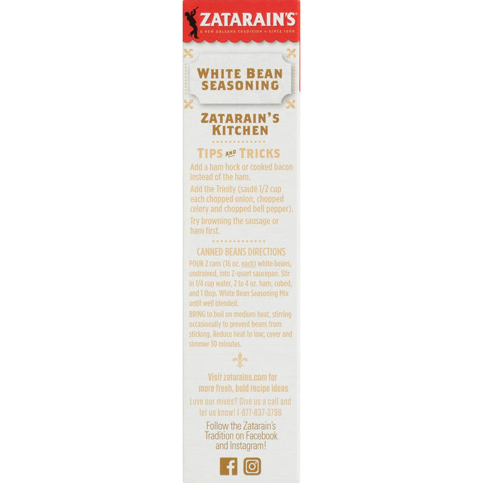 Zatarain's White Bean Seasoning package with tips and tricks for making a delicious white bean dish.
