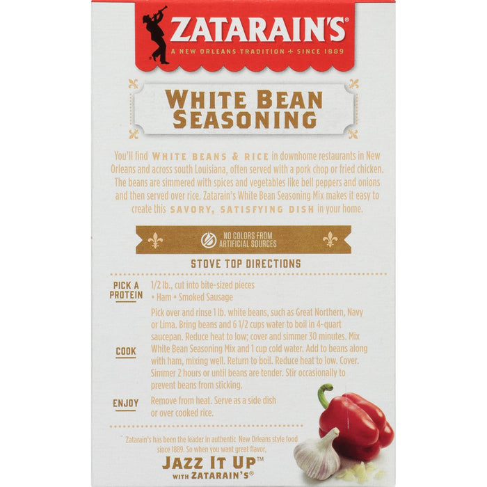 Zatarain's White Bean Seasoning package with instructions on how to make a savory dish.