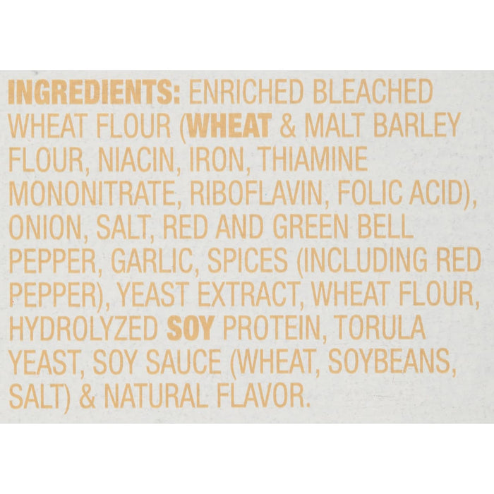 A list of ingredients for a product, including wheat flour, soy protein, and natural flavor.