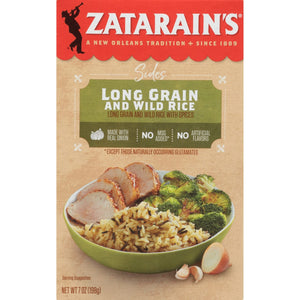 A box of Zatarain's Long Grain and Wild Rice with a serving suggestion of rice, pork, and broccoli.