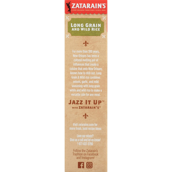 A box of Zatarain's Long Grain and Wild Rice with a fleur-de-lis and information about the product.