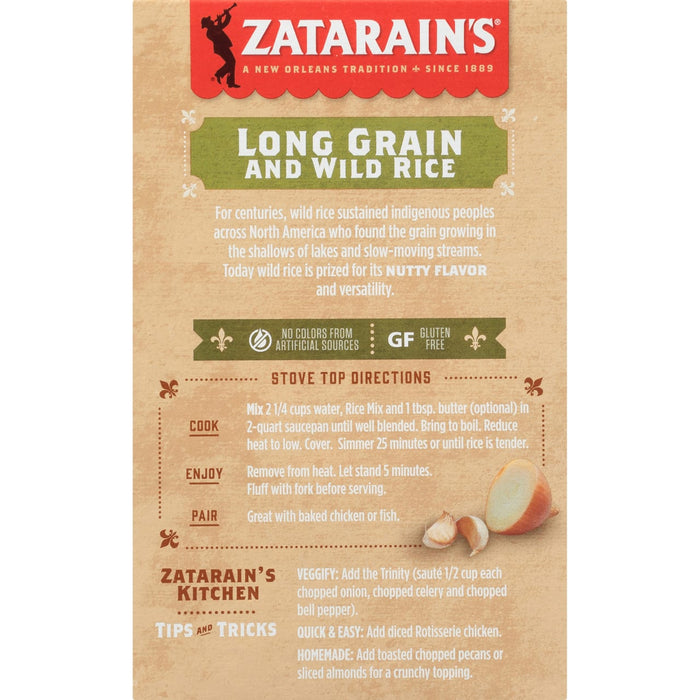 Zatarain's Long Grain and Wild Rice box shows cooking instructions and serving suggestions.