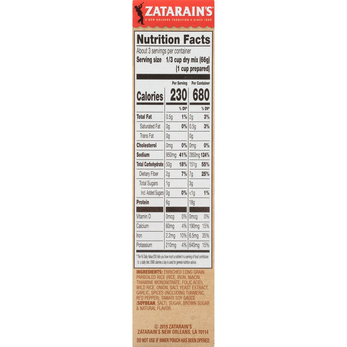 Zatarain's nutrition facts label for their long grain parboiled rice mix.