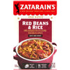 A box of Zatarain's Red Beans &amp; Rice mix with a serving suggestion of the finished product.