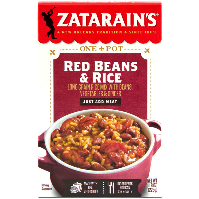 A box of Zatarain's Red Beans &amp; Rice mix with a serving suggestion of the finished product.