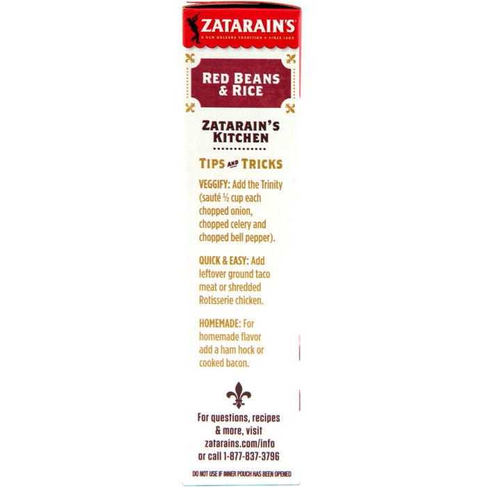 Zatarain's Red Beans &amp; Rice packaging with tips and tricks for cooking.