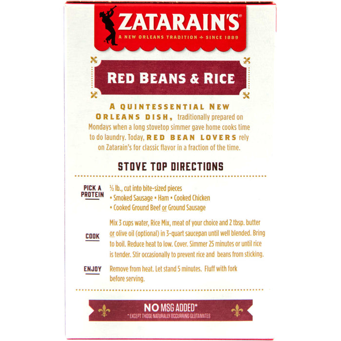 Zatarain's Red Beans &amp; Rice box shows the ingredients and directions for preparing this New Orleans dish.