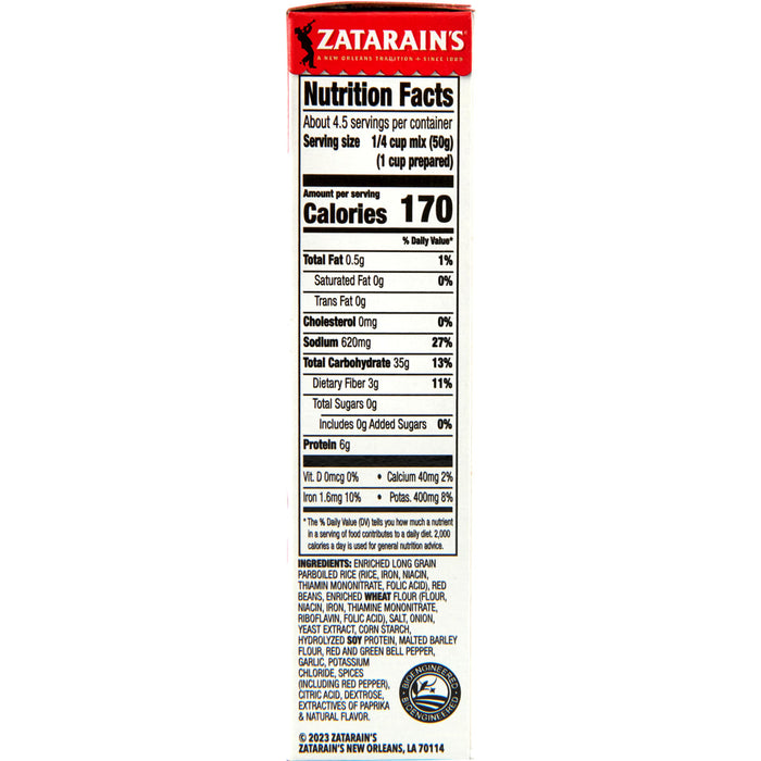 Zatarain's nutrition facts label for their long grain parboiled rice mix.