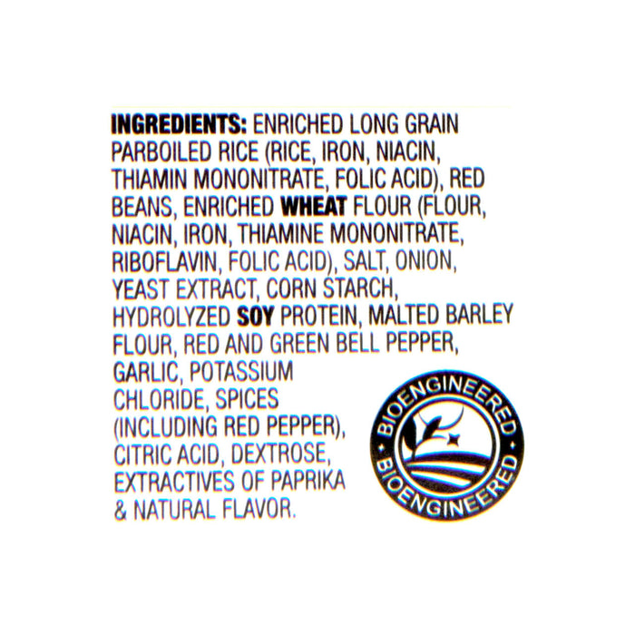 A list of ingredients for a product, including enriched long grain parboiled rice, red beans, and spices.