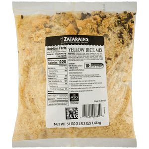 A large, clear plastic bag of Zatarains Regular Yellow Rice Mix Long Grain 51 Oz displays the uncooked long-grain rice and seasoning mix inside.