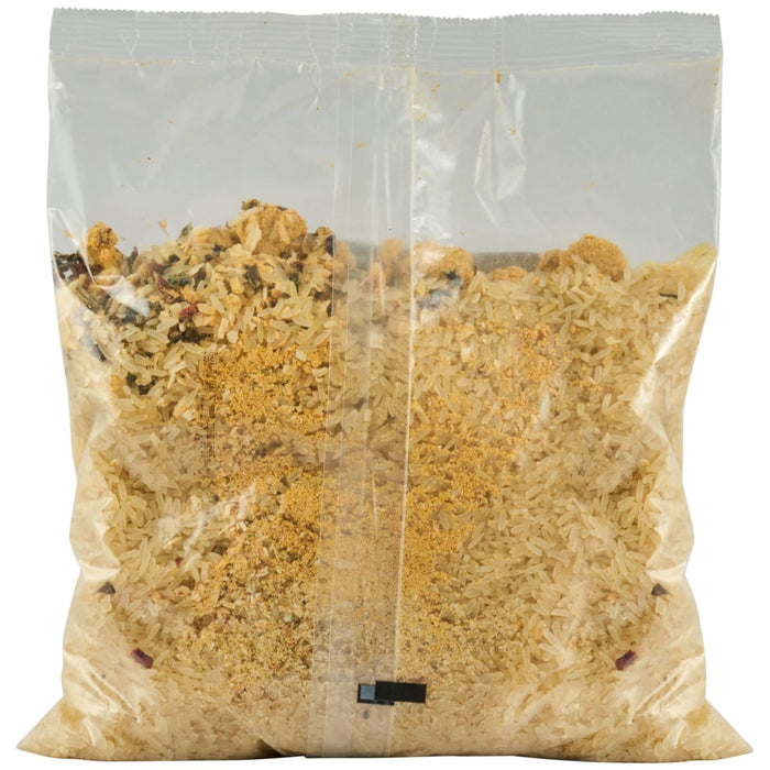A clear plastic package of Zatarains Regular Yellow Rice Mix Long Grain 51 Oz is shown from the back, revealing the blend of long-grain rice and yellow seasonings.