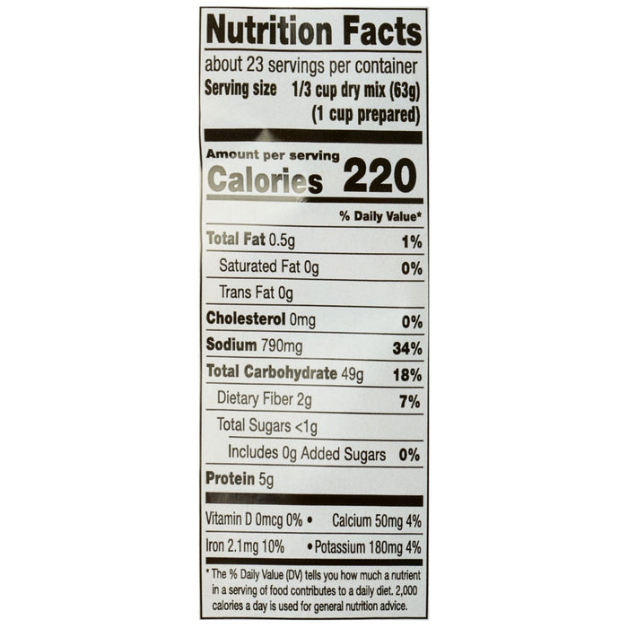 The nutrition facts label for Zatarains Regular Yellow Rice Mix Long Grain 51 Oz, indicating that one serving contains 220 calories and 790mg of sodium.