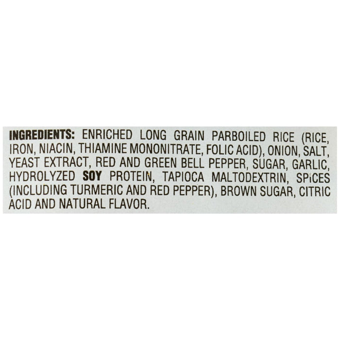 The ingredients label for Zatarains Regular Yellow Rice Mix Long Grain 51 Oz lists components such as enriched rice, onion, and various spices.
