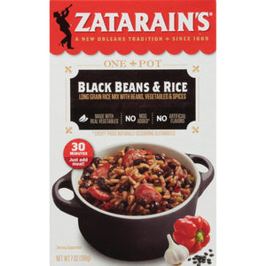 A box of Zatarain's Black Beans &amp; Rice mix with a serving suggestion of the finished product.