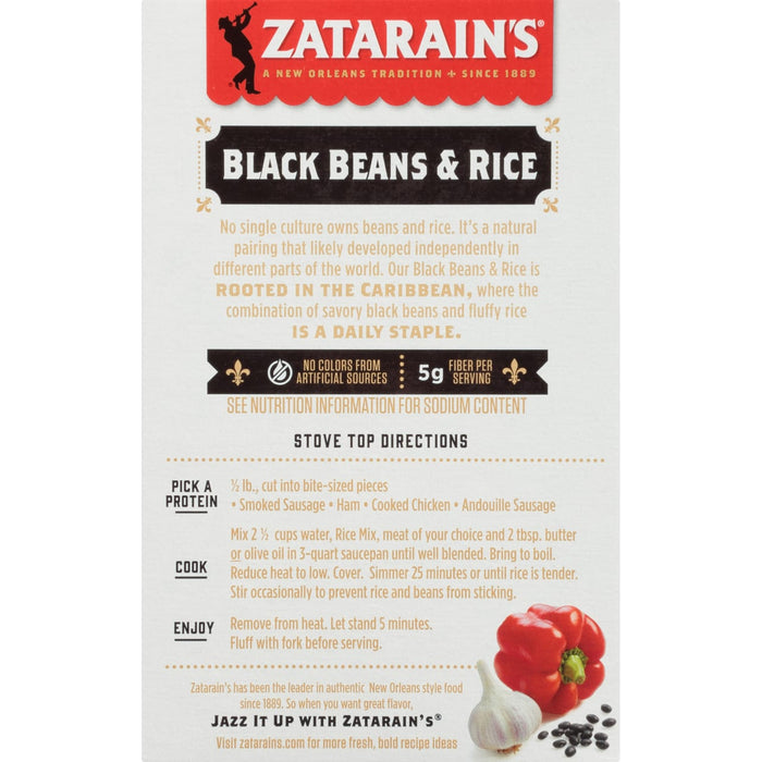 Zatarain's Black Beans &amp; Rice package with a red pepper, garlic, and black beans.