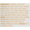 A list of ingredients for a product, including enriched long grain parboiled rice, black beans, yeast extract, salt, onion, malted barley flour, red and green bell pepper, spices, garlic, enriched wheat flour, potato, citric acid, extractives of paprika, tamari soy sauce and natural flavor.