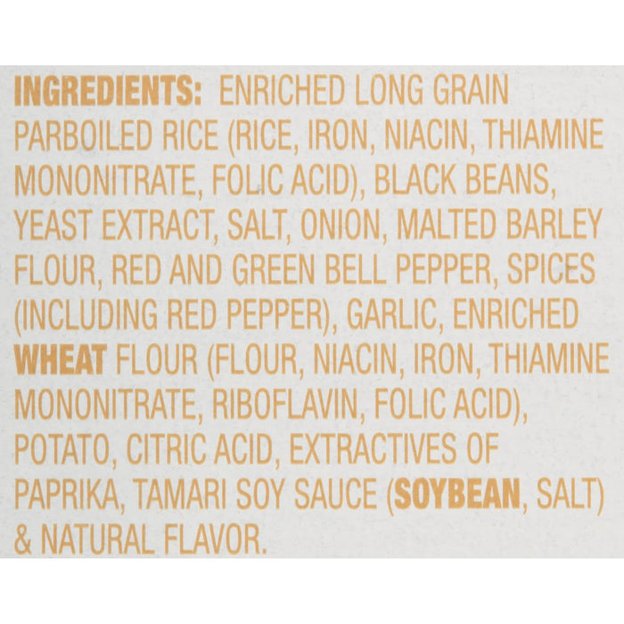 A list of ingredients for a product, including enriched long grain parboiled rice, black beans, yeast extract, salt, onion, malted barley flour, red and green bell pepper, spices, garlic, enriched wheat flour, potato, citric acid, extractives of paprika, tamari soy sauce and natural flavor.