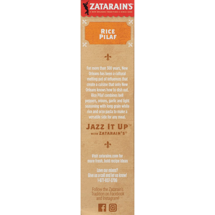Zatarain's Rice Pilaf box with a description of the product and a call to action to visit their website.