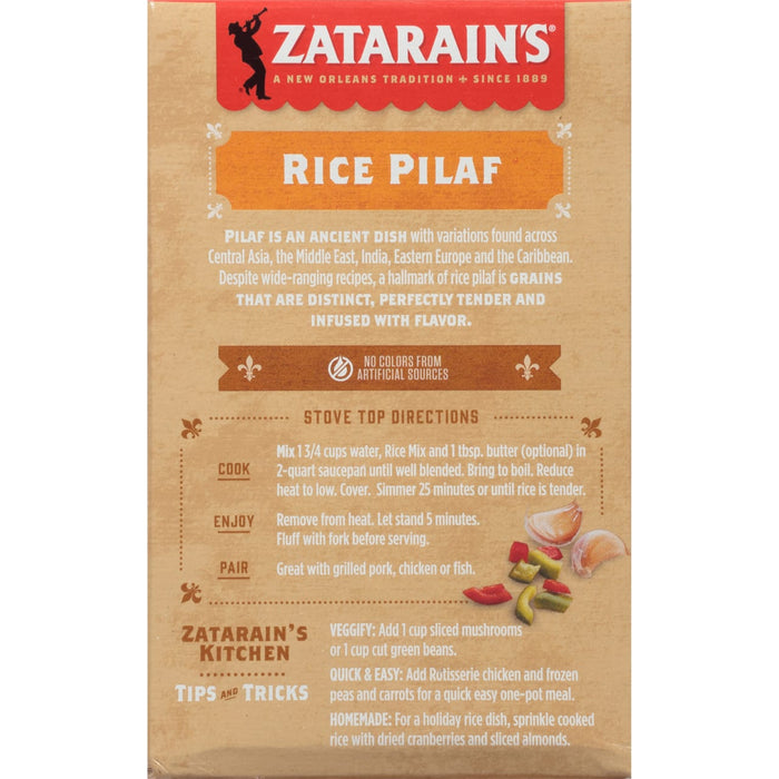 Zatarain's Rice Pilaf box with cooking instructions and serving suggestions.