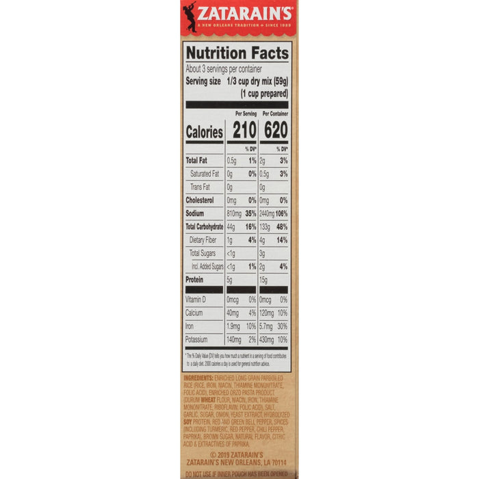 Zatarain's nutrition facts label for their rice and orzo mix.
