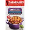 A box of Zatarain's Reduced Sodium Jambalaya mix with a serving suggestion of the finished product.